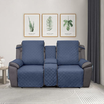 PureFit Water Resistant Reversible Loveseat Recliner Couch Cover for Double Recliner with Console – Non Slip Split Sofa Cover, Washable Reclining Cover for 2 Seat Recliner (Dark Blue/Light Blue)