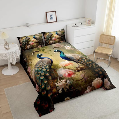 Erosebridal Chic Peacock Bedding Set Twin 3D Jungle Animal Comforter Set Flower Floral Down Comforter Botanical Quilted Duvet Dark Gold Men Women Lady Woodland Wildlife Bedroom Décoration 2 Piece