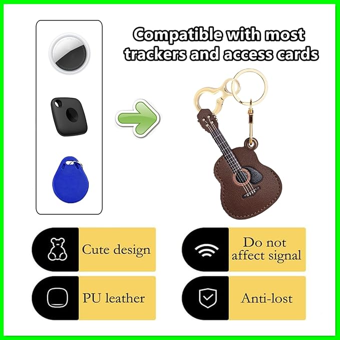 Leather Keychain Holder Case Compatible with AirTag,Cute Protective Cover with Keyring,Anti-Scratch Finder GPS Tracker Case for Wallet Keys,bag,pets,Backpack(Guitar Brown)