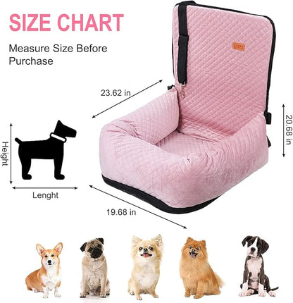 Dog Car Seat for Small Medium Dogs Up to 40lbs, Detachable Washable Soft Pet Booster Travel Bed for Front & Pink Seat with Safety Leash Belt