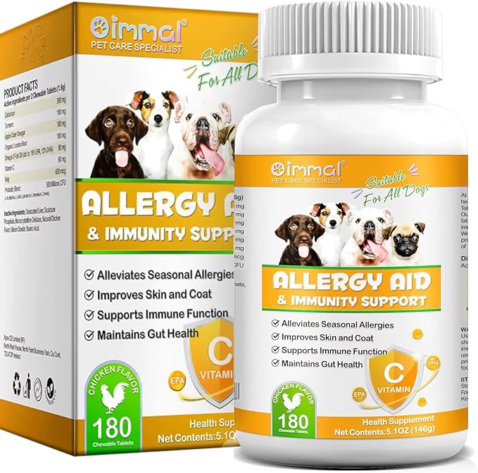 Dog Allergy Aid Immune Support Supplement, 180 Count, Natural Supplements with Omega-3, Probiotics, Vitamins for Skin, Coat & Seasonal Allergies