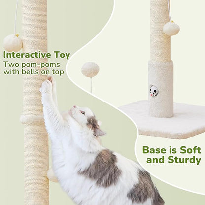 Woochpet Cat Scratching Posts 33" for Adults Cats, Cat Scratcher with Soft Fabric Covering Base and Durable Sisal Rope, Scratcher with Fun Mouse Hole and Cat Toy for Tall Cats (White)