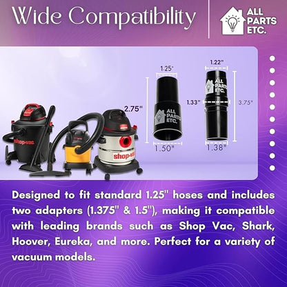 1.25" Vacuum Floor Brush Attachment – 10” Wide Soft Bristles with Two Adapters for 1.375" & 1.5" Compatibility Fits many Shop Vac, Shark, Hoover, Eureka, Dirt Devil, Miele, Oreck, and More