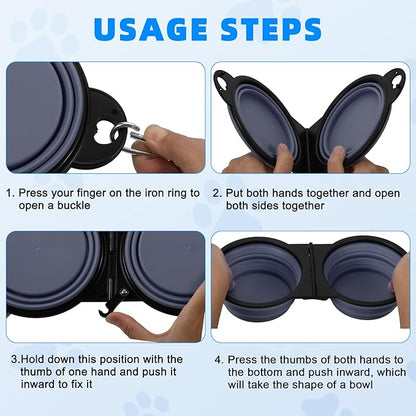 Collapsible Dog Dual Bowls, 2-in-1 with Locking Clip for More Stability 180 Degree Flip Portable Dog Travel Bowl for Water and Food Pet Food Drinker (Dark Blue)