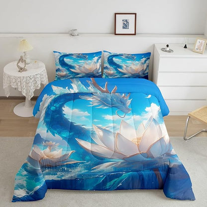 Erosebridal Dragon Bedding Set Full Blue Comforter Set, White Lotus Floral Duvet Insert Sea Ocean Quilt Comforter, Flower Blossoms Bedding Comforters & Sets 3D Cartoon Room Decoration Microfiber 3pcs