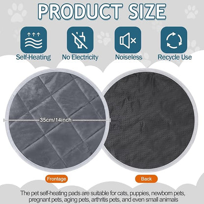 Drydiet 2 Pcs Self Warming Cat Mat Round Self Heating Pad Bed Reversible Machine Washable Heated Bed Anti Slip Warming Pad Pet Mat for Cat Crate Indoor Outdoor(Gray,14 Inch)