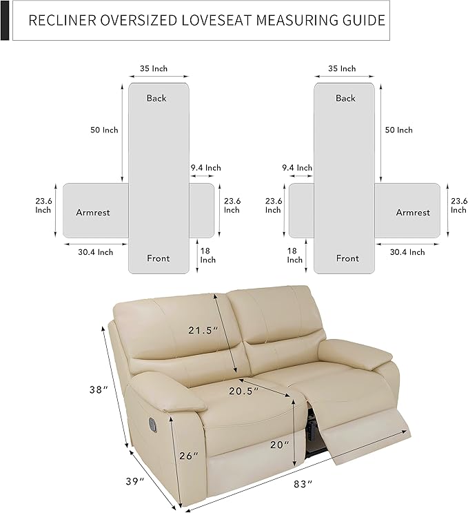 Easy-Going Oversized Loveseat Recliner Cover, Reversible Couch Cover for Double Recliner, Split Sofa Cover for Each Seat with Elastic Straps for Kids, Dogs, Pets(Oversized 2 Seater, Camel/Ivory)