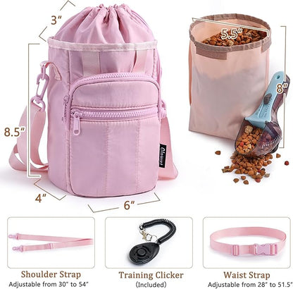 Stylish Dog Training Treat Pouch with Waist & Shoulder Strap, Dog Treat Bag for Walking and Training, Removable Waterproof Liner, Drawstring Treat Holder with Front Pocket & Clicker