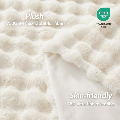 L'AGRATY Faux Fur Throw Blanket: 90" x 90" Luxury Soft Fluffy Thick Rabbit Fur Blankets for Queen Bed Couch - Cozy Plush Bubble Blankets for Winter: Warm Flannel Fleece Decorative Blanket(Cream White)