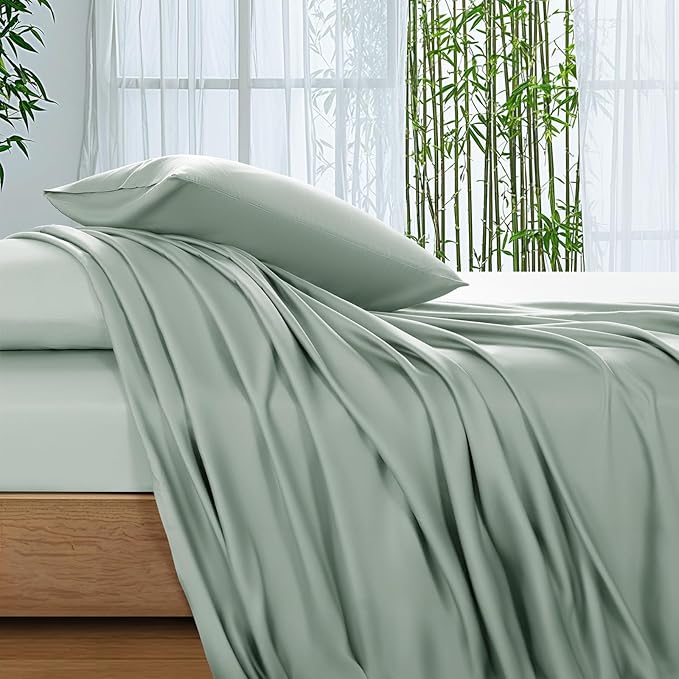 SONORO KATE 100% Viscose Derived from Bamboo_Sheets Cal King Size, Ultra Breathable & Cooling Bed Sheets for Hot Sleepers, Hotel Luxury Silky Bedding Sheets, 16" Deep Pocket - 4PC (Sea Glass,Cal King)