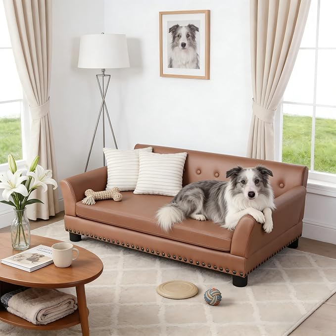 BingoPaw Large Leather Dog Sofa: Pet Couch Lounge Made by Scratching Resistant Microfiber Leather - Doggy Modern Chaise Daybed with Leatherier Cover for Pets Up to 80lbs