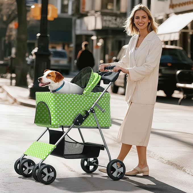 3-in-1 Visible Foldable Pet Carrier, Detachable Car Seat and Stroller with Push Button Entry for Small Pets, Cat Dog Carrier for Medium Dogs Cats, Load Up to 33 lbs, Green Polka Dots