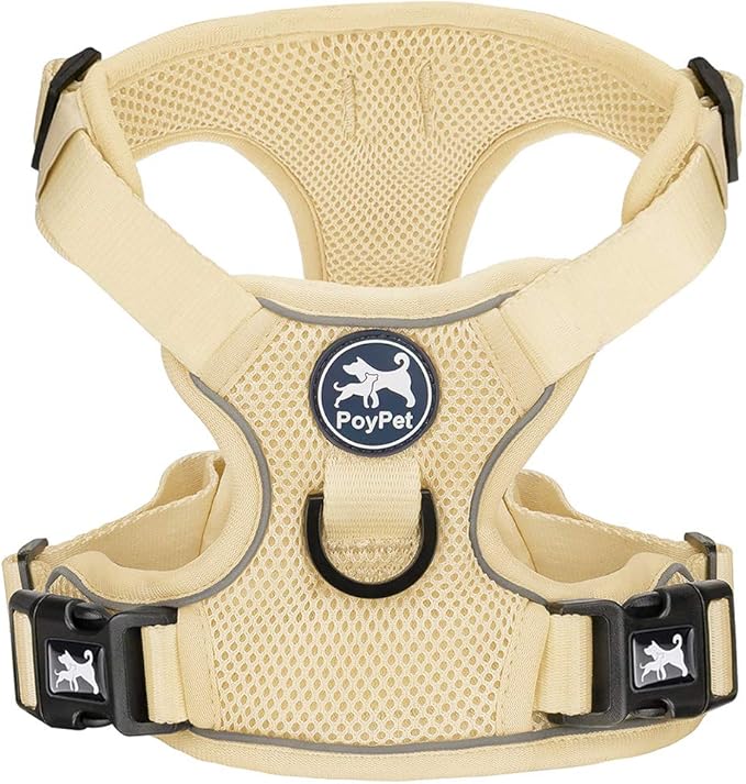 PoyPet Reflective Soft Breathable Mesh Dog Harness Choke-Free Double Padded Vest with Adjustable Neck and Chest(Khaki,M)