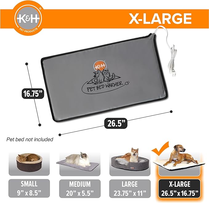 K&H Pet Products Pet Bed Warmer, Turn Any Pet Bed Into a Heated Cat or Dog Bed, Waterproof Indoor Heated Warming Pad Insert, Automatic Temperature, Safety Listed - Extra-Large 26.5 X 16.75in Gray