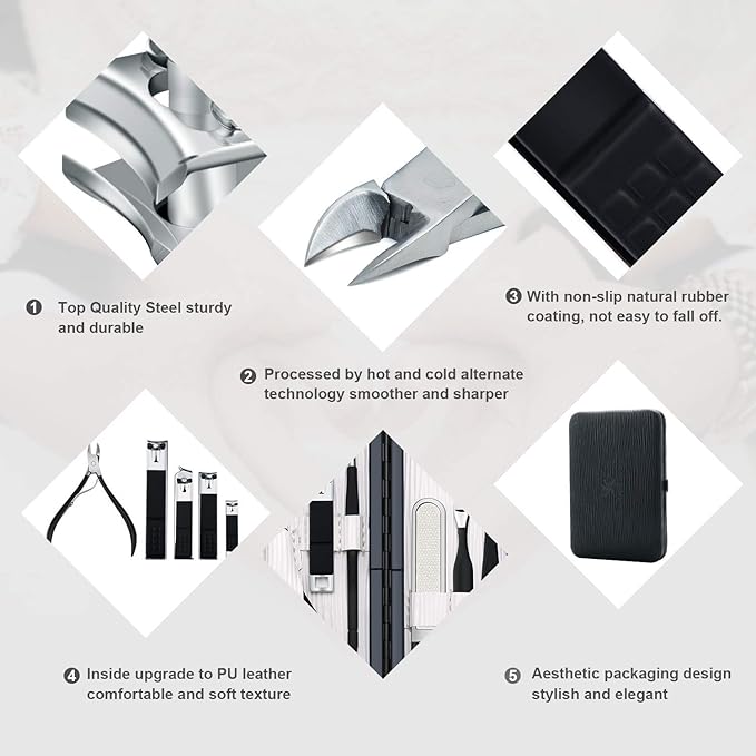 Professional Stainless Steel Nail Clipper Travel & Grooming Kit Nail Tools Manicure & Pedicure Set of 18pcs with Luxurious Case (Black/White)