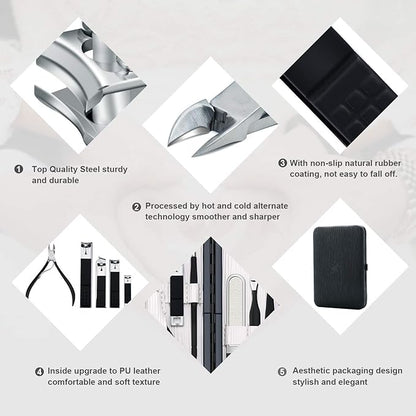 Professional Stainless Steel Nail Clipper Travel & Grooming Kit Nail Tools Manicure & Pedicure Set of 18pcs with Luxurious Case (Black/White)