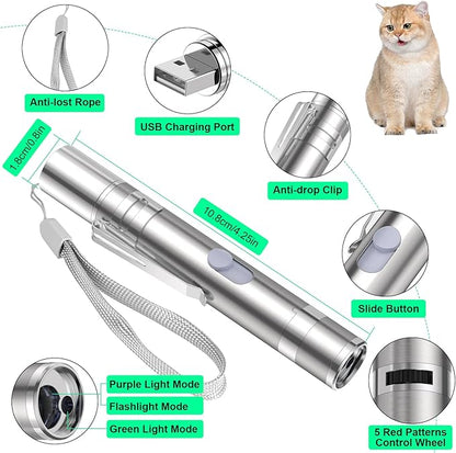 Waputne Cat Toy for Indoor Cats, USB Rechargeable Kitten Toys with 5 Adjustable Green Patterns, Interactive Chase Toys for Indoor Cats & Dogs, Training & Exercise Fun