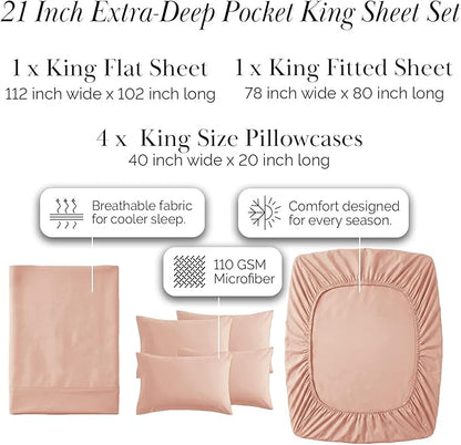 Southshore Fine Living, Inc. 21-Inch Deep Pocket King Sheet Set, 6 Piece King Size Sheets Set, Full Elastic Fitted Sheet, Oversized Flat, 4 Pink Pillow Cases, Blush Pink Sheets, Blush