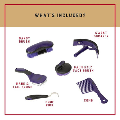 Weaver Equine 6-Piece Horse Grooming Kit, Ergonomic Gentle Horse Care Kit, Equestrian Supplies for Bathing Support, Detangling, and More, Purple/Black