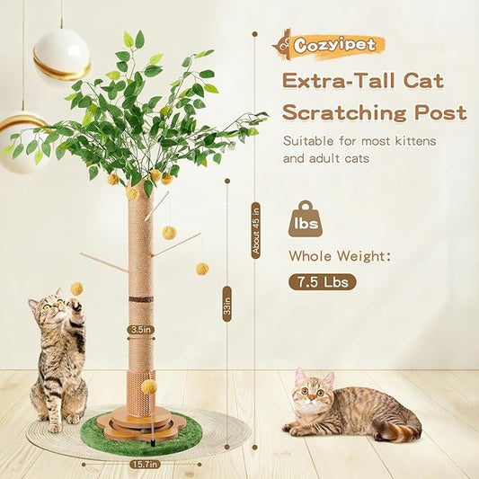 45" Tall Cat Scratching Post with Sisal Rope for Indoor Cats Adults Kittens, Cat Tree Scratcher with Hanging Balls, Self Groomer, Track Balls