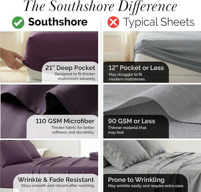 Southshore Fine Living, Inc. 6-Pc Full Bed Sheets Set, 21-Inch Deep Pocket Bed Sheets Full Size, Deep Pocket Fitted Sheet, Flat Sheet, Queen Pillow Cases Set of 4, Purple Pillow Cases, Purple Bedding