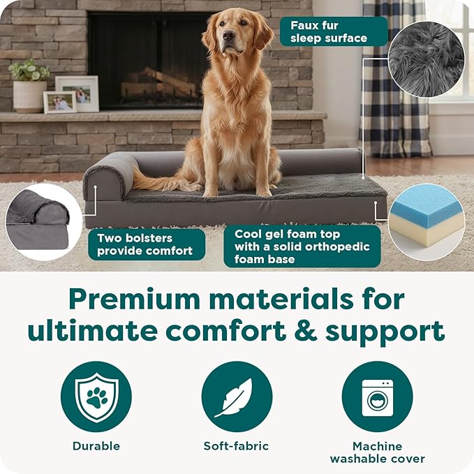 Furhaven Cooling Gel Dog Bed for Large Dogs w/ Removable Bolsters & Washable Cover, For Dogs Up to 95 lbs - Plush & Velvet L Shaped Chaise - Platinum Gray, Jumbo/XL