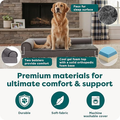 Furhaven Cooling Gel Dog Bed for Large Dogs w/ Removable Bolsters & Washable Cover, For Dogs Up to 95 lbs - Plush & Velvet L Shaped Chaise - Platinum Gray, Jumbo/XL