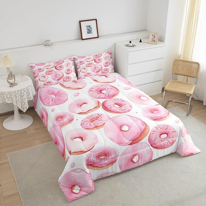 Erosebridal Cartoon Donut Bedding Sets Twin Dessert Cake Down Comforter,White and Pink Quilt Set for Kids Toddler and Girls Cartoon Style Quilted Comforter Lightweight Soft Room Decorative 2 Piece