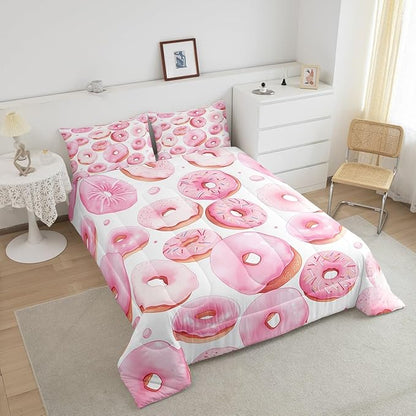 Erosebridal Cartoon Donut Bedding Sets King Dessert Cake Down Comforter,White and Pink Quilt Set for Kids Toddler and Girls Cartoon Style Quilted Comforter Lightweight Soft Room Decorative 3 Piece