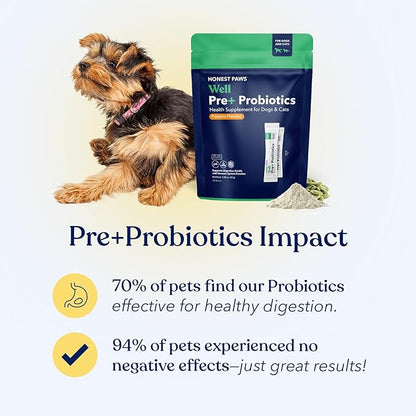 Honest Paws Probiotics for Dogs - Dog Digestion Gut Health Probiotic Powder with Prebiotic Made in The USA, Digestive and Immune Support - Digestive Enzymes with Pumpkin Flavor (30 Sticks)