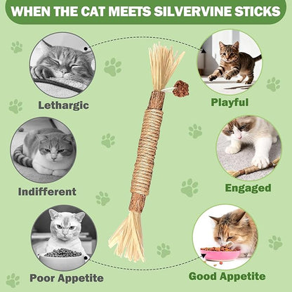 [8 Pack] Silvervine Sticks for Cats, Natural Chew Stick for Dental Care Teeth Cleaning, Cat nip Chew Rope Toys for Bored Indoor Kittens, Catmint Silvervine Blend Toys