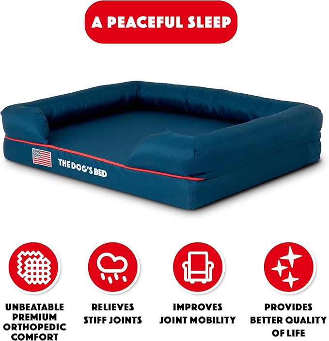The Dog’s Bed Orthopedic Memory Foam Dog Bed with Bolsters for Medium Dogs, High Density Support Mattress, Low Front Entry, Removable Washable Cover, Oxford Fabric, Blue with Dark Red Trim, Medium