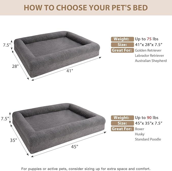 RRPETHOME Washable Dog Beds Large Sized Dog Couch, Extra Large Orthopedic Dogs Beds with Removable Cover, Waterproof Pet Bed with Bolsters, Pet Crate Bed with Non Slip Bottom, XL, Grey