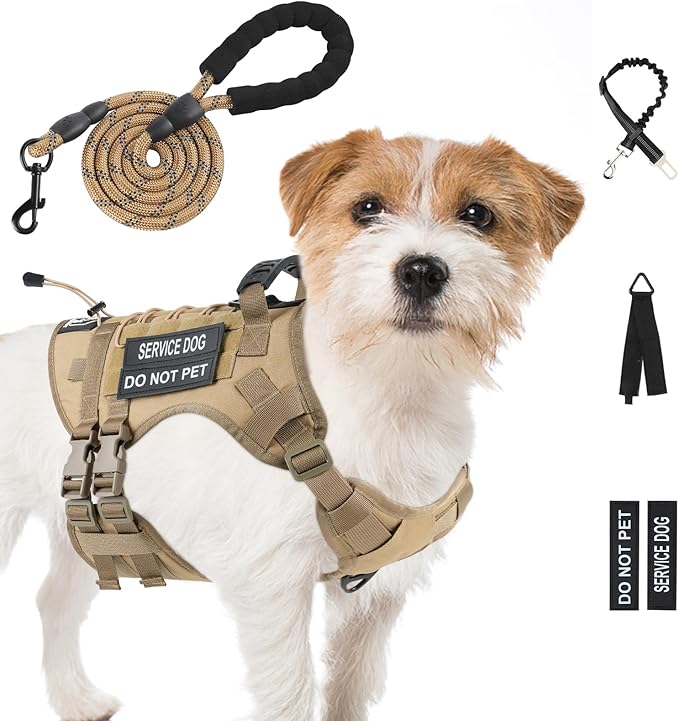 No Pull Tactical Dog Harness for Small Dogs, Escape Proof Molle Dog Vest Harness and Leash Set, Adjustable Military Service Dog Harness with Handle for Medium Large Dogs(Brown, Small)