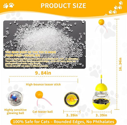 Cat Interactive Toys Engaging Wand, Slow Food Treat Dispenser, and Tumbler Design for Indoor Cats Durable, Non-Toxic, Ideal for Exercise and Boredom Relief Gift for Kitten, Yellow