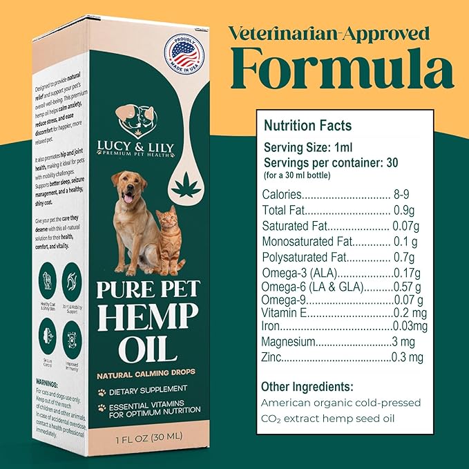 Pure Pet Hemp Oil by Lucy and Lily| Helps with Anxiety, Pain, Stress, Sleep, Seizures, Skin & Coat Health| Calming Drops for Cats & Dogs| 100% Natural Liquid Hemp Oil | Safe for All Pets | 2 Pack