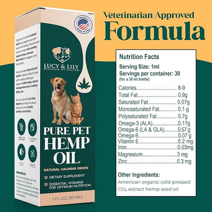 Pure Pet Hemp Oil by Lucy and Lily| Helps with Anxiety, Pain, Stress, Sleep, Seizures, Skin & Coat Health| Calming Drops for Cats & Dogs| 100% Natural Liquid Hemp Oil | Safe for All Pets | 2 Pack