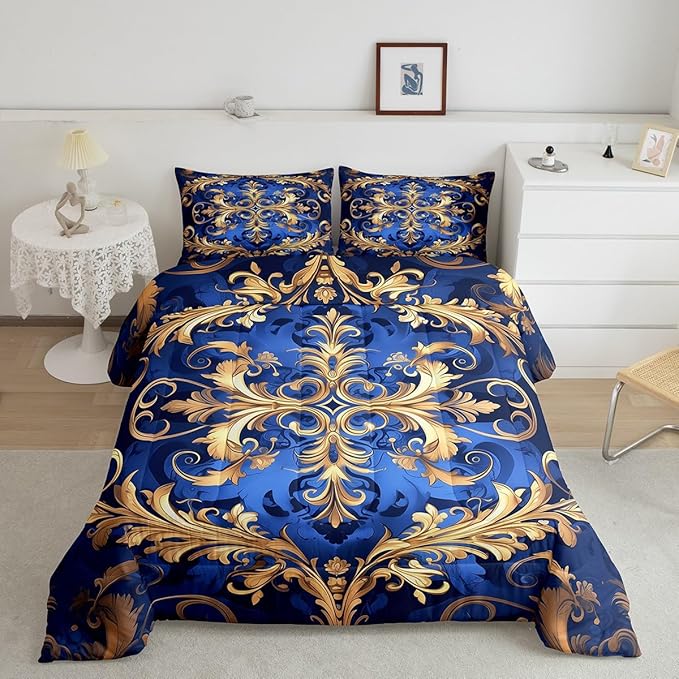 Erosebridal Paisley Comforter Set King Flower Bedding Set, Navy Blue Gold Bedding Comforter Sets Golden Floral Duvet, Bohemian Hippie Quilted Comforter Teen Adults Bedroom Décor, Lightweight 3pcs