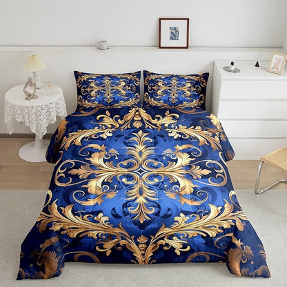 Erosebridal Paisley Comforter Set King Flower Bedding Set, Navy Blue Gold Bedding Comforter Sets Golden Floral Duvet, Bohemian Hippie Quilted Comforter Teen Adults Bedroom Décor, Lightweight 3pcs