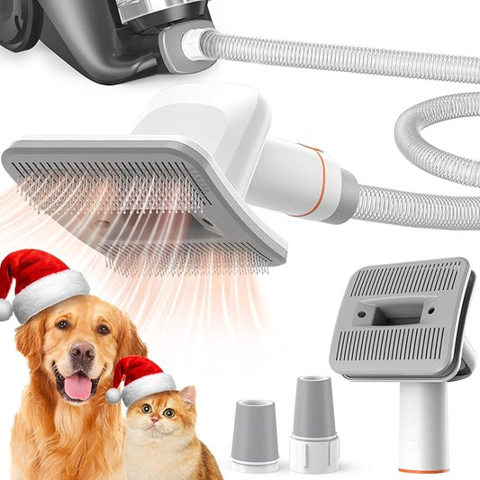 Afloia Dog Brush Vacuum Attachment - Pet Grooming Tool for Dogs & Cats (Vacuum Not Included), Compatible with 1-1.5" Round Port Vacuums (Dyson,Bissell,Eureka,Dirt Devil), with Extension Hose (White)