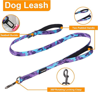 Annchwool No Pull Dog Harness,Heavy Duty Collar & Leash Set-Leash with Double Handle & Car Seatbelt Clip-Easy Control for Walking Training Medium Large Size Dogs(Camo Purple,M)