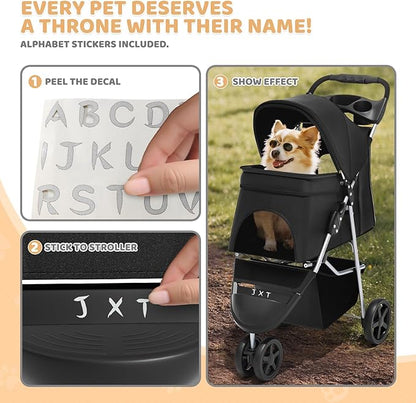 Magshion 3-Wheel Pet Stroller, Foldable Travel Jogger for Small & Medium Dogs & Cats (Up to 33lbs), Lightweight Carrier with Breathable Mesh Cover, Cup Holder & Storage Basket, Black