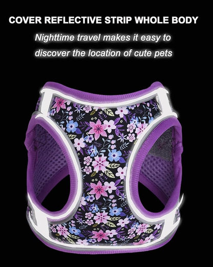 M Purple Flower Pattern Dog Harness and Leash Set,No Escape Puppy Harnesses for Training Walking，Breathable Adjustable Puppy Vest for Small Medium Dogs, Cats (Purple, M)
