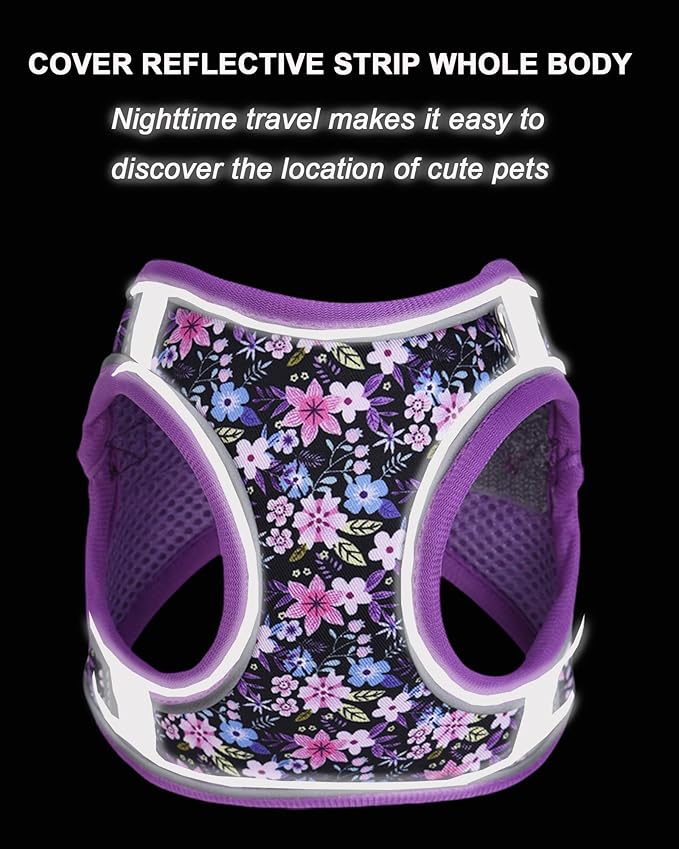 XS Purple Flower Pattern Dog Harness and Leash Set,No Escape Puppy Harnesses for Training Walking，Breathable Adjustable Puppy Vest for Small Medium Dogs, Cats (Purple, XS)