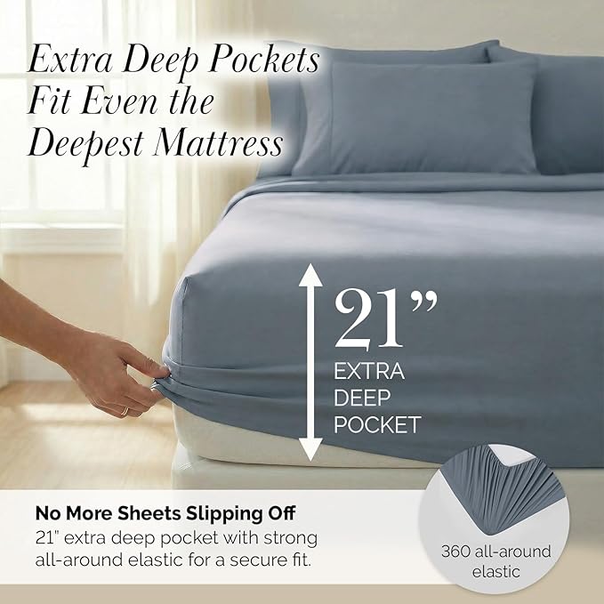 Southshore Fine Living, Inc. Extra Deep Pocket Twin XL Bed Sheets Set, 4-Piece Ultra Soft Microfiber Blue Sheets with 21" Deep Twin Fitted Sheet, Oversize Flat Sheet, 2 Pillowcases, Slate Blue