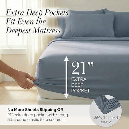 Southshore Fine Living, Inc. Deep Pocket Split King Bed Sheet Set, 7-Piece Ultra Soft Microfiber Sheets with Two 21" Deep Fitted King Sheets, Oversize Flat Sheet, 4 King Pillowcases, Slate Blue