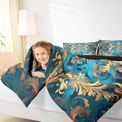 Erosebridal Hippie Damask Print Bedding Set Queen Size, Flowers Vintage Fashion Comforter Set for Women Men Adults, Exotic Aztec Boho Paisley Duvet Insert, Fashion Victorian Baroque Quilt