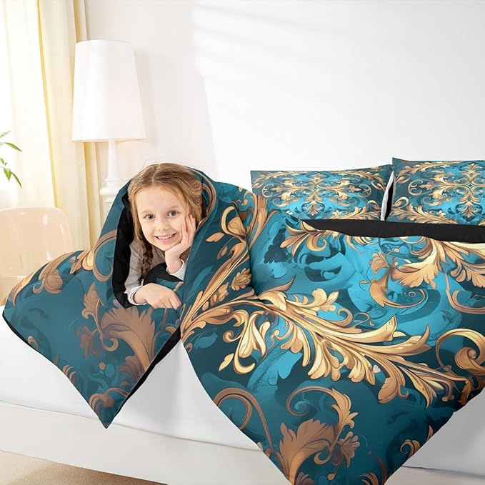 Erosebridal Hippie Damask Print Bedding Set Twin Size, Flowers Vintage Fashion Comforter Set for Women Men Adults, Exotic Aztec Boho Paisley Duvet Insert, Fashion Victorian Baroque Quilt