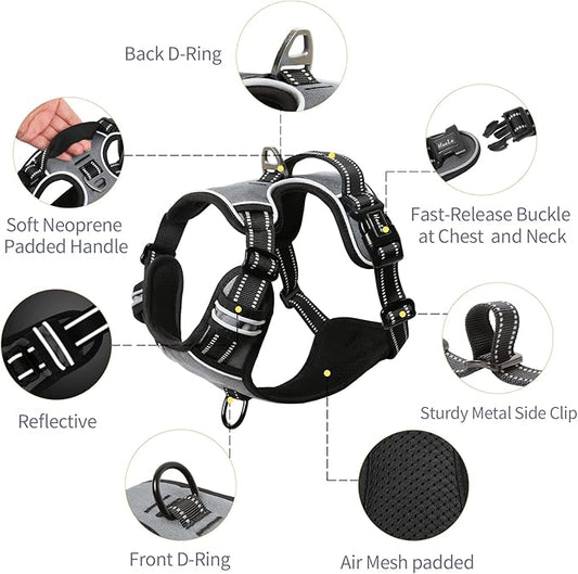 HEELE Dog Harness, No Pull Adjustable Padded Reflective Harness for Small Medium Large Dogs with Handle for Walking Training, Grey, XL