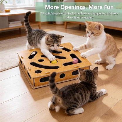 MDF Cat Nail File Enrichment Box, Scratch Puzzle with Sandpaper Surface, Stress-Free Nail Care Alternative, Interactive Maze Scratcher with Bell Ball for Indoor Cats